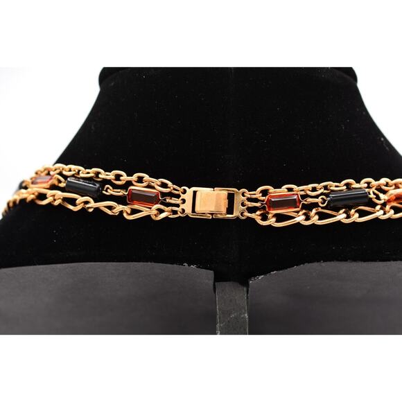 Vintage Crystal Chain Necklace Orange Open Bezel Black Gold Multi-Strand BinAU - Picture 6 of 12